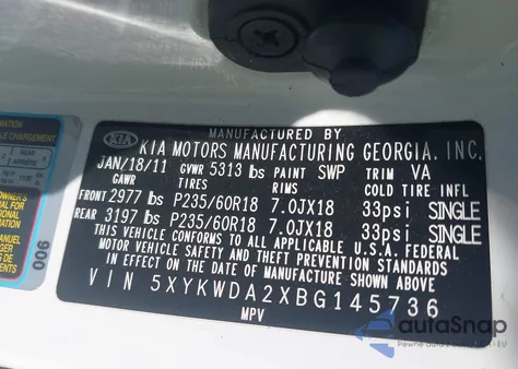 2011 Kia Sorento Sx V6 from USA, damaged, VIN 5XYKWDA2XBG145736